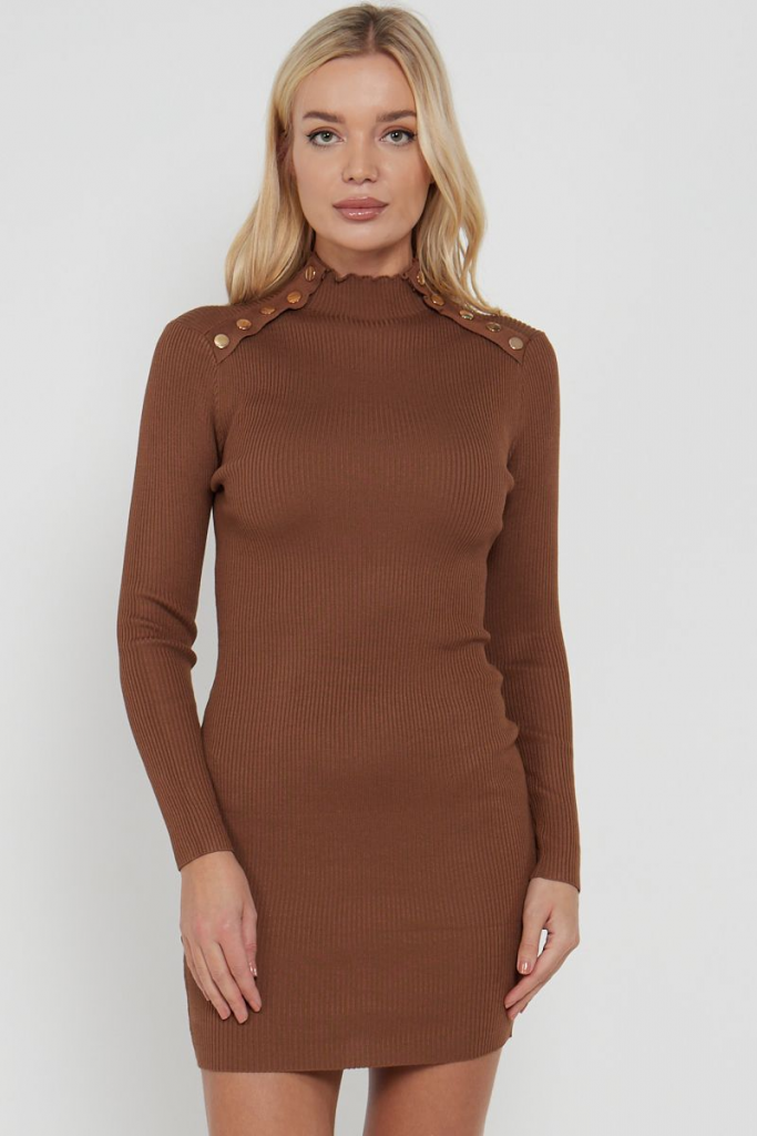 GOLD BUTTON DETAILS RIB KNIT BODYCON DRESS IN BROWN
